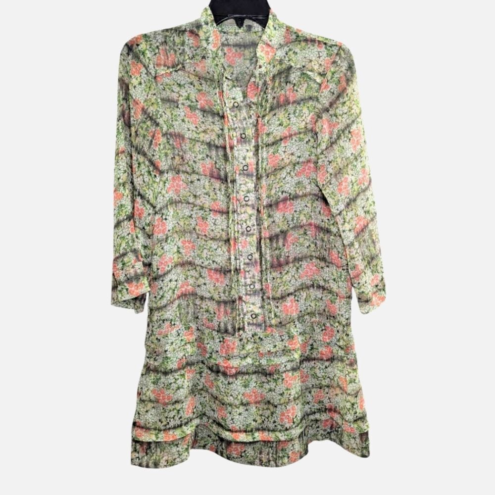 TRF Green & Coral floral sheer tunic top dress womens M